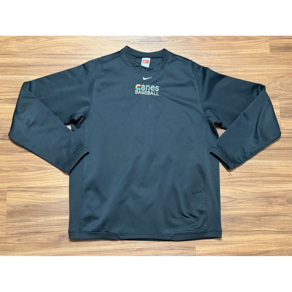VTG Nike Team Canes Miami Hurricanes Baseball Therma- Fit Sweatshirt Black Sz L